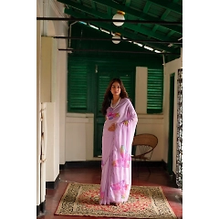 Satin Organza Saree: Flower Handprint, Pearl & Cutwork Border