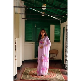 Satin Organza Saree: Flower Handprint, Pearl &amp; Cutwork Border