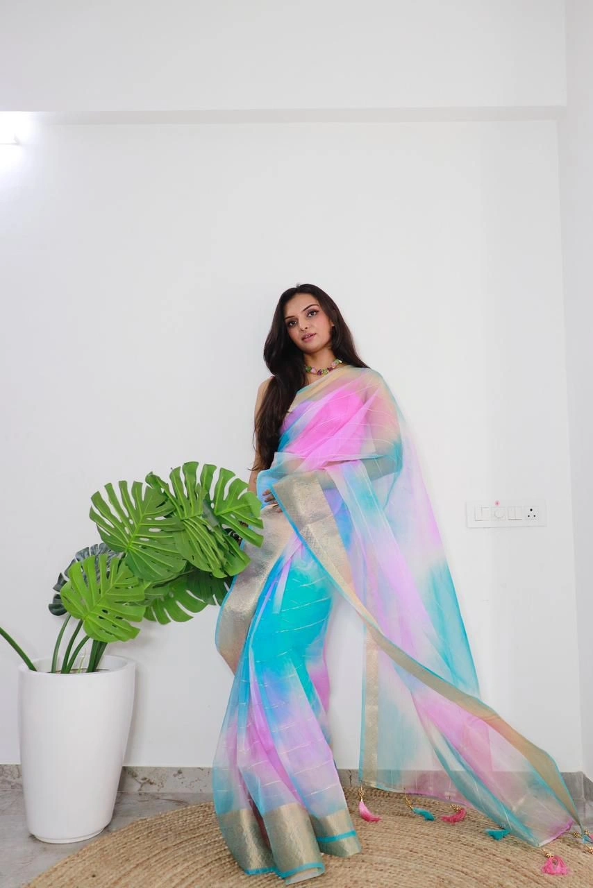 Exclusive Double Colors Organza Jacquard Saree: Perfect for Weddings &amp; Parties!-RDM-13-Pink