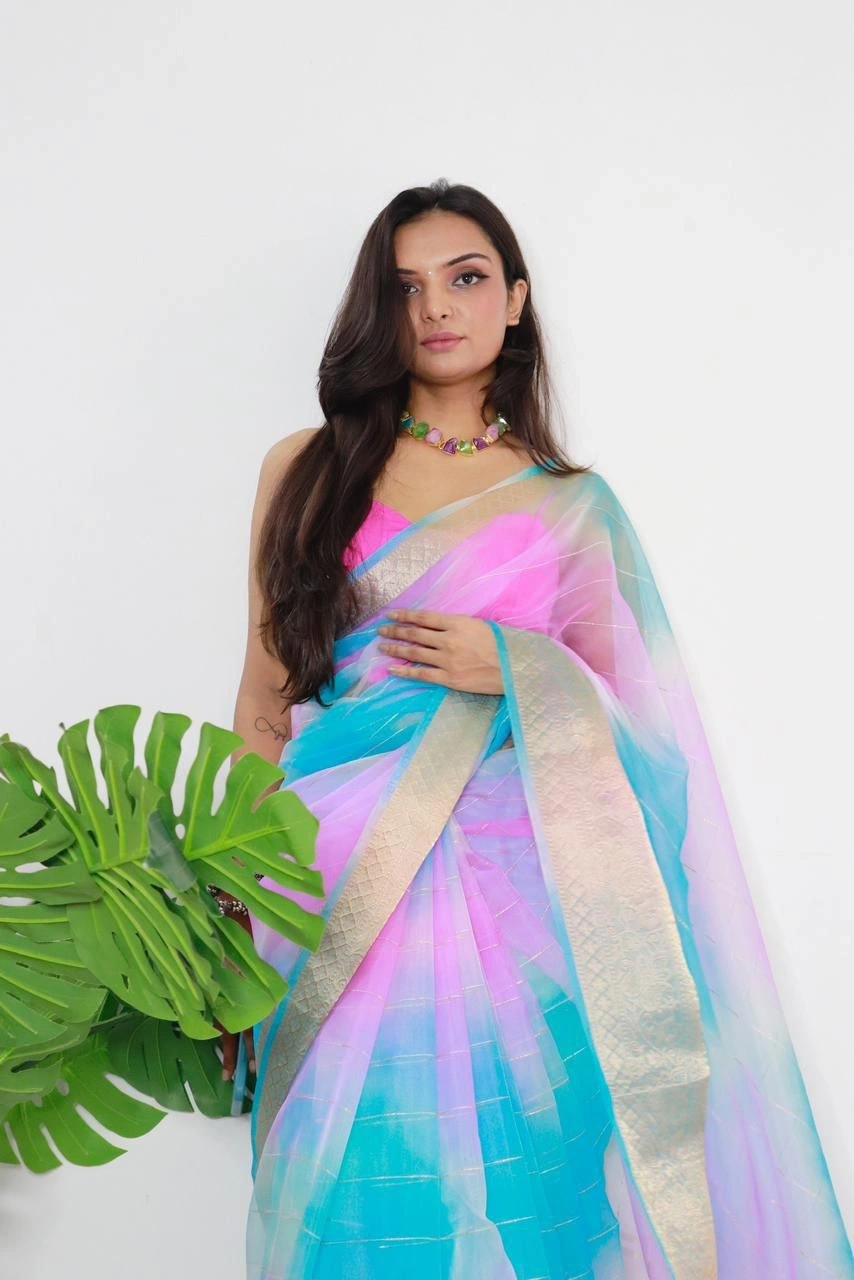 Exclusive Double Colors Organza Jacquard Saree: Perfect for Weddings &amp; Parties!-Pink-1