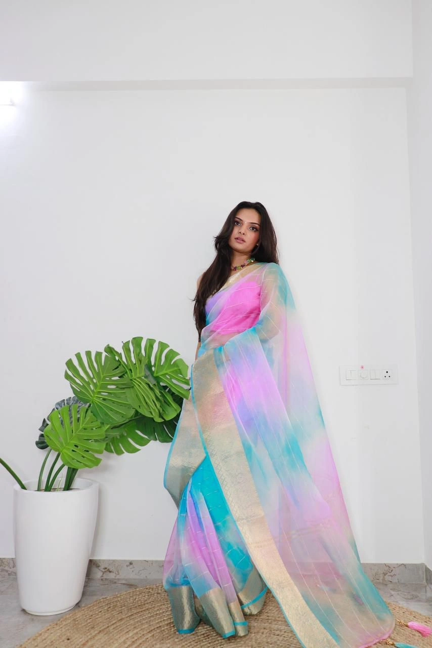 Exclusive Double Colors Organza Jacquard Saree: Perfect for Weddings &amp; Parties!-Pink-2