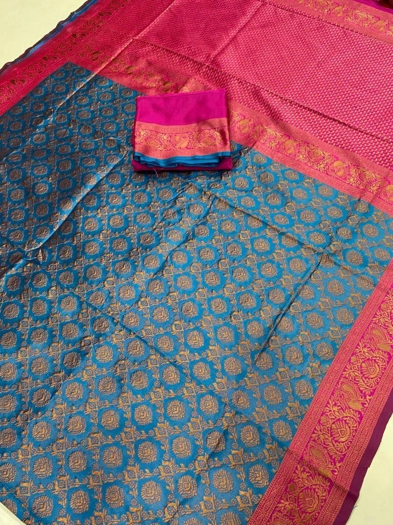 Luxurious Lichi Silk Saree with Rich Jacquard Work-Blue-3