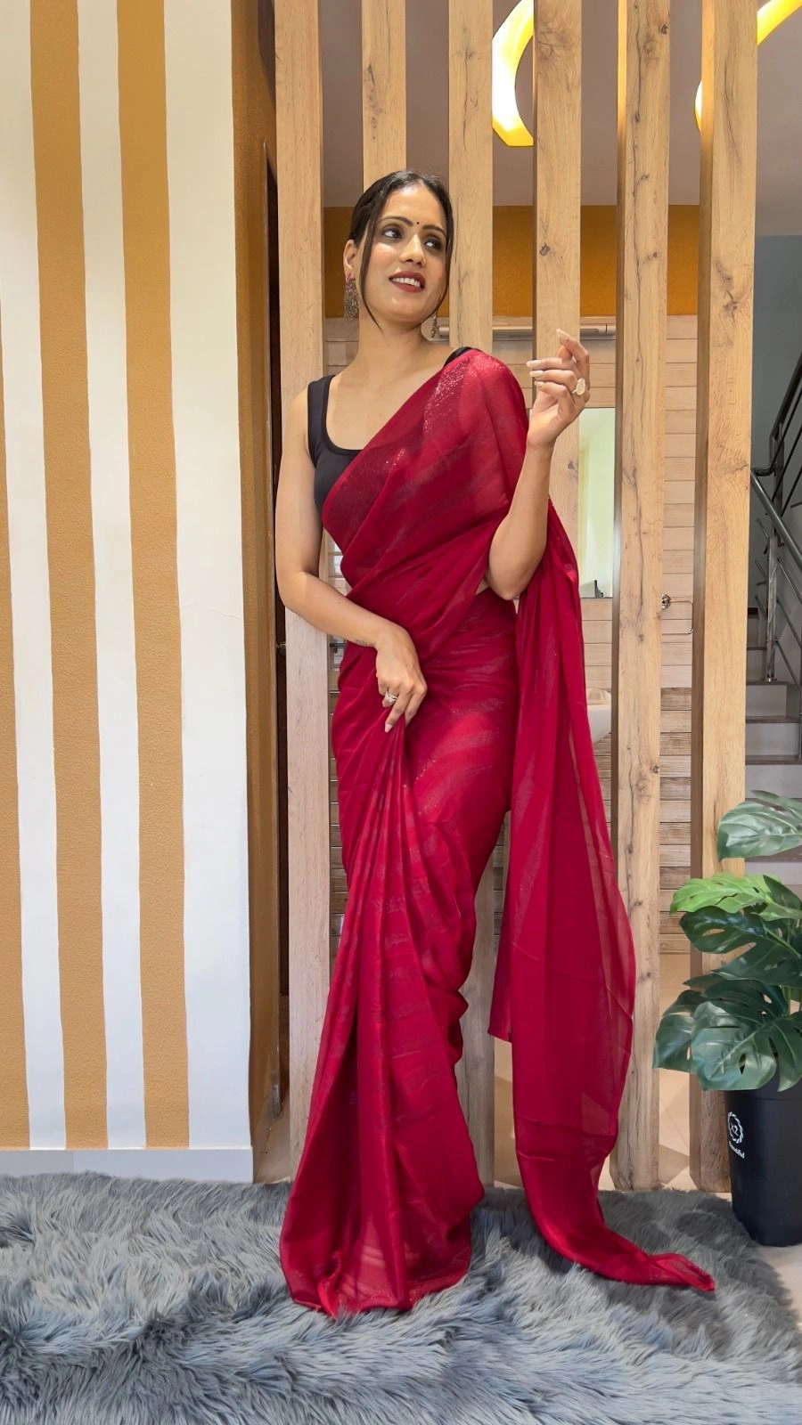 Nylon Rimzim Saree: 1 Minute Wear, Soft and Ready-to-go-Red-1