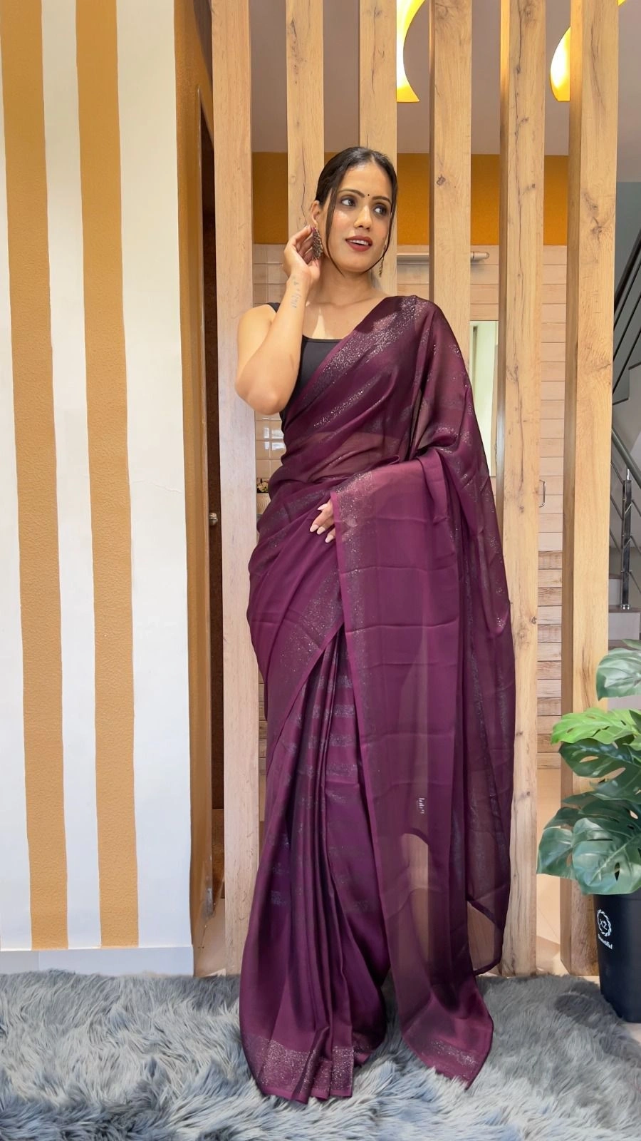 Nylon Rimzim Saree: 1 Minute Wear, Soft and Ready-to-go-Wine-1