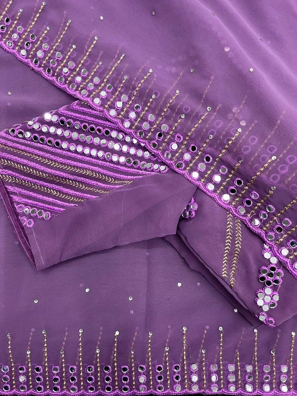 Stunning Georgette Saree: Vibrant Colors, Delicate Embroidery, Real Mirror Work-MPL-13-Purple