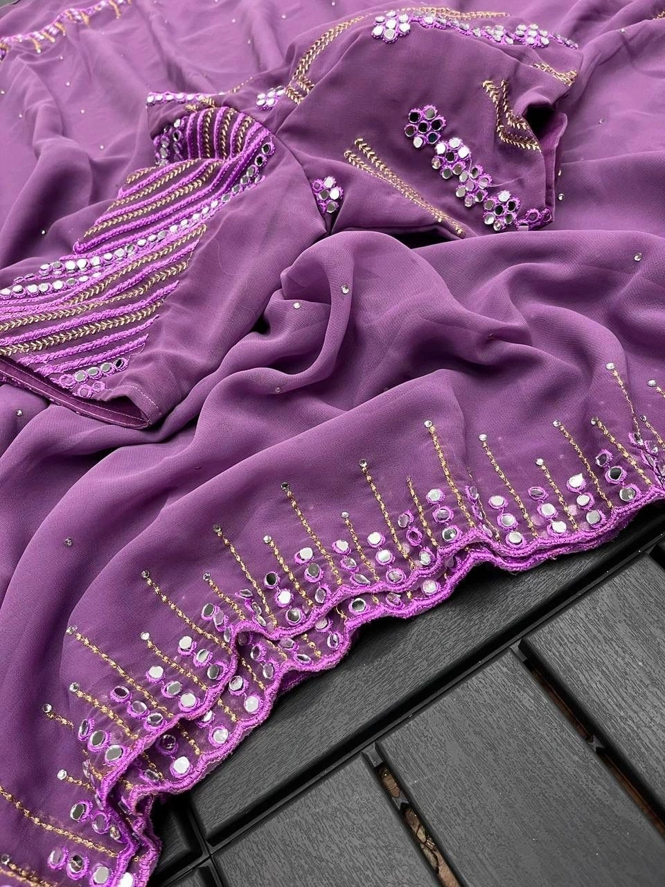 Stunning Georgette Saree: Vibrant Colors, Delicate Embroidery, Real Mirror Work-Purple-1