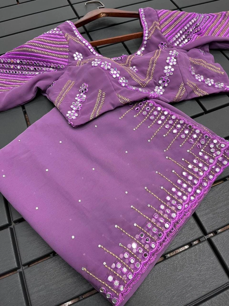 Stunning Georgette Saree: Vibrant Colors, Delicate Embroidery, Real Mirror Work-Purple-2