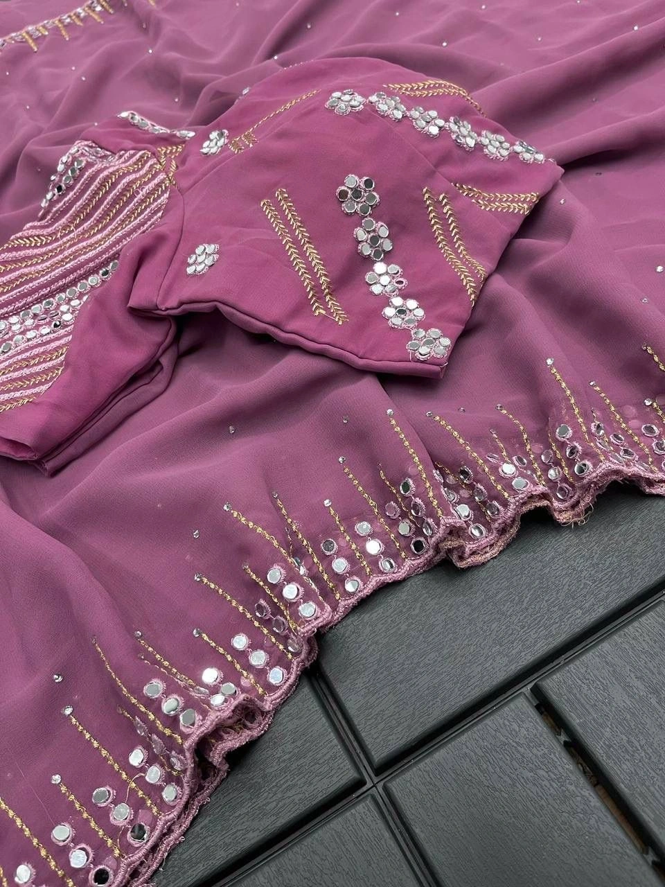 Stunning Georgette Saree: Vibrant Colors, Delicate Embroidery, Real Mirror Work-MPL-13-Pink