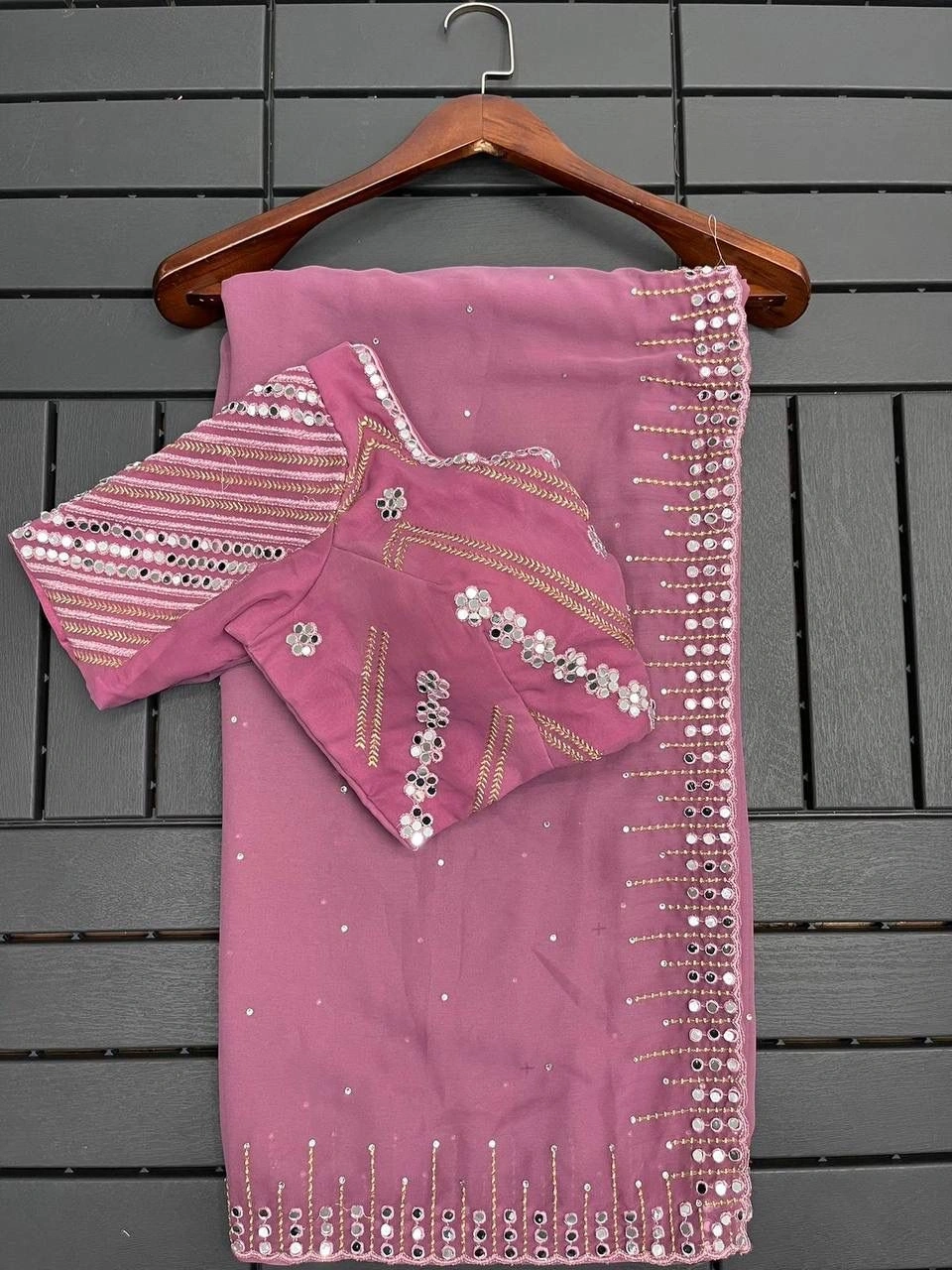 Stunning Georgette Saree: Vibrant Colors, Delicate Embroidery, Real Mirror Work-Pink-1