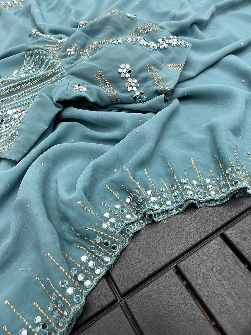 Stunning Georgette Saree: Vibrant Colors, Delicate Embroidery, Real Mirror Work-MPL-13-SkyBlue