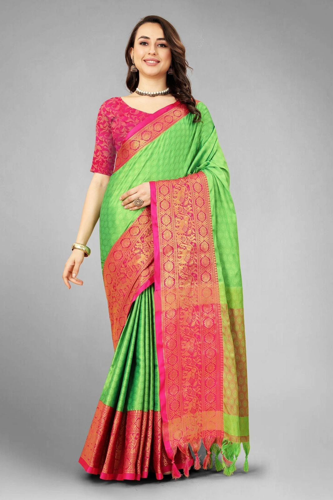 Aura Cotton Silk Saree with Broad Contrast Jacquard Work Border-NFA-01-Green