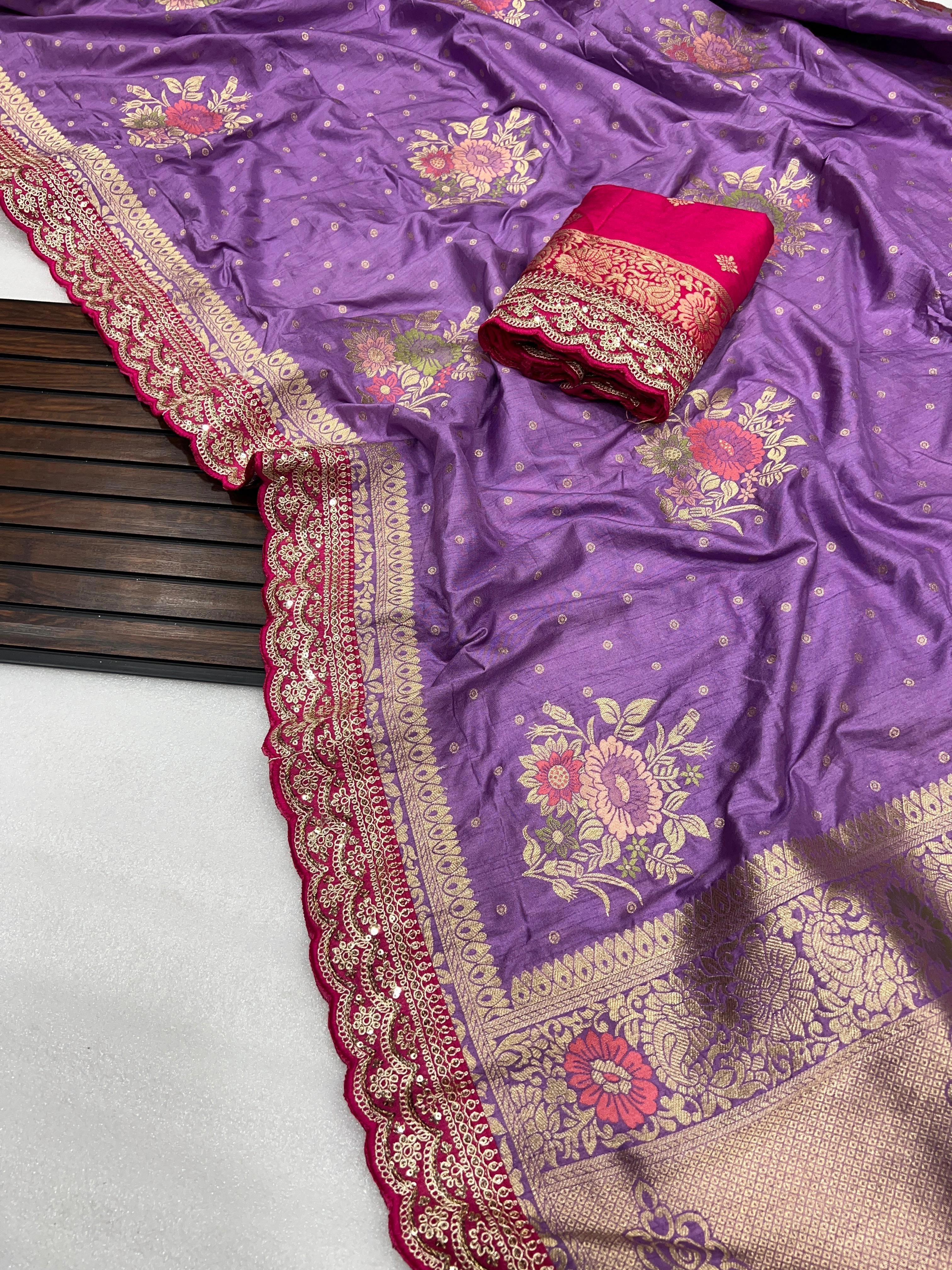 Soft and Flowing Dolla Silk Saree with Embroidered Borders-RNNC-10-Purple