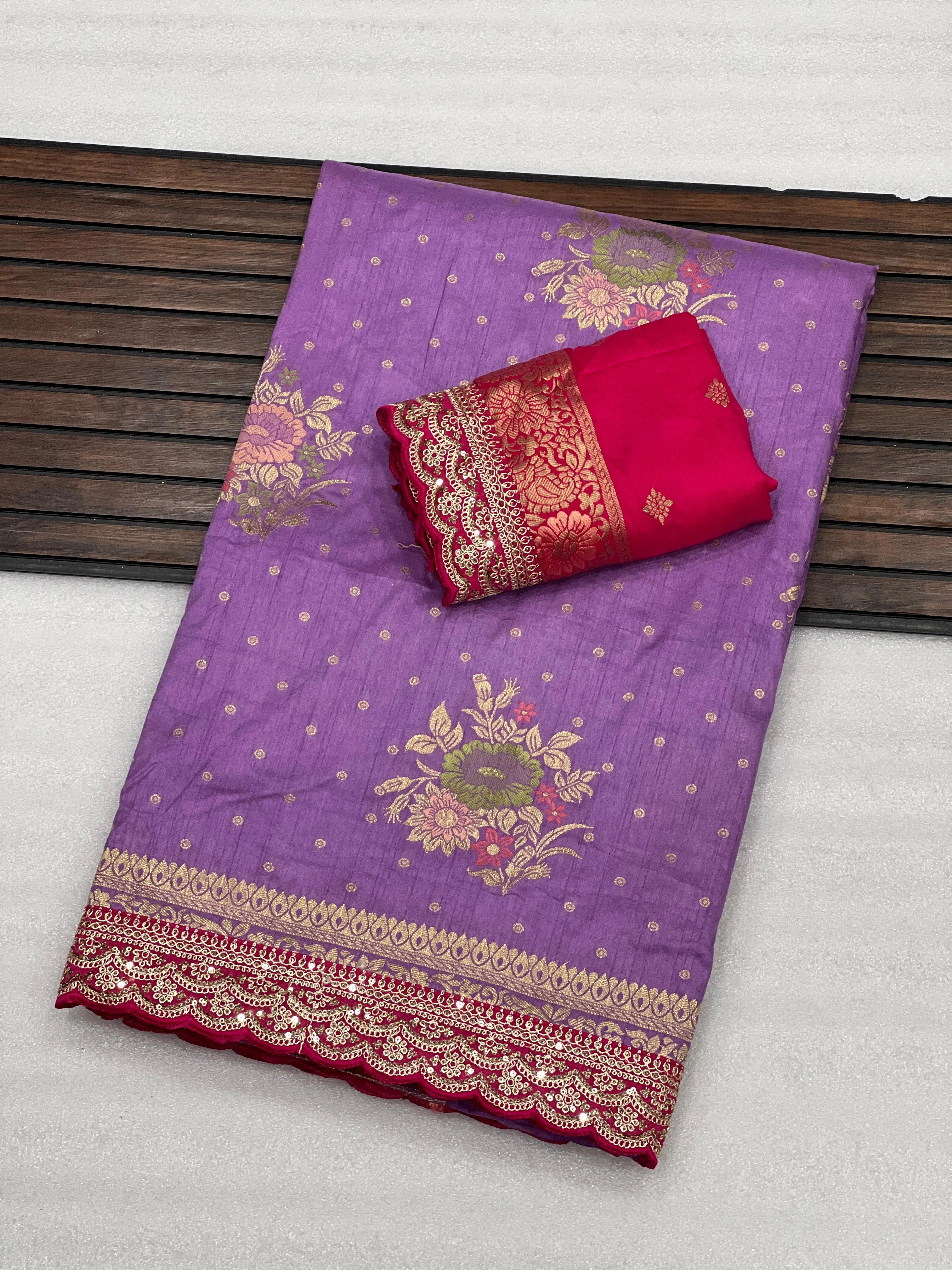 Soft and Flowing Dolla Silk Saree with Embroidered Borders-Purple-1