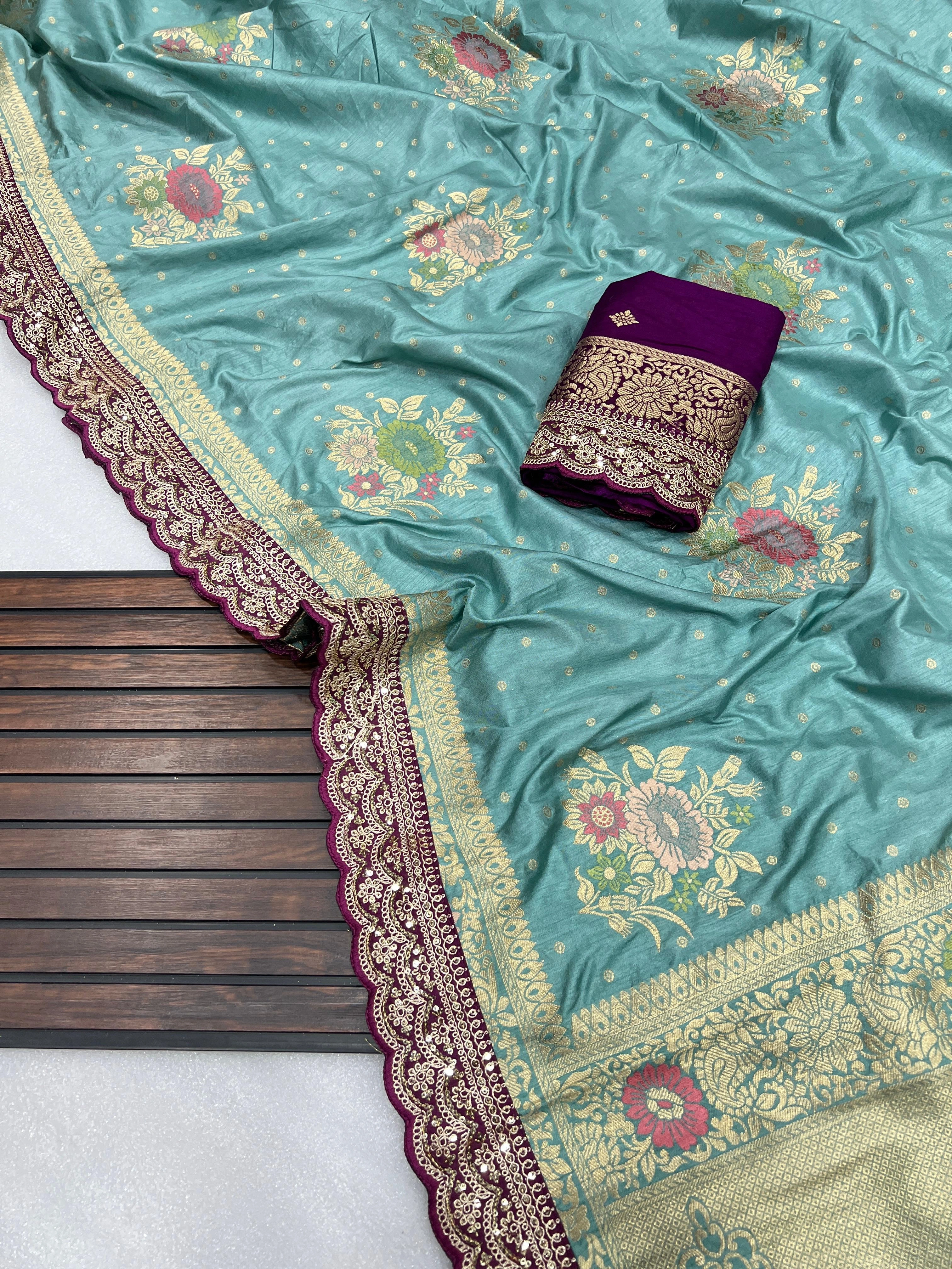 Soft and Flowing Dolla Silk Saree with Embroidered Borders-RNNC-10-SkyBlue