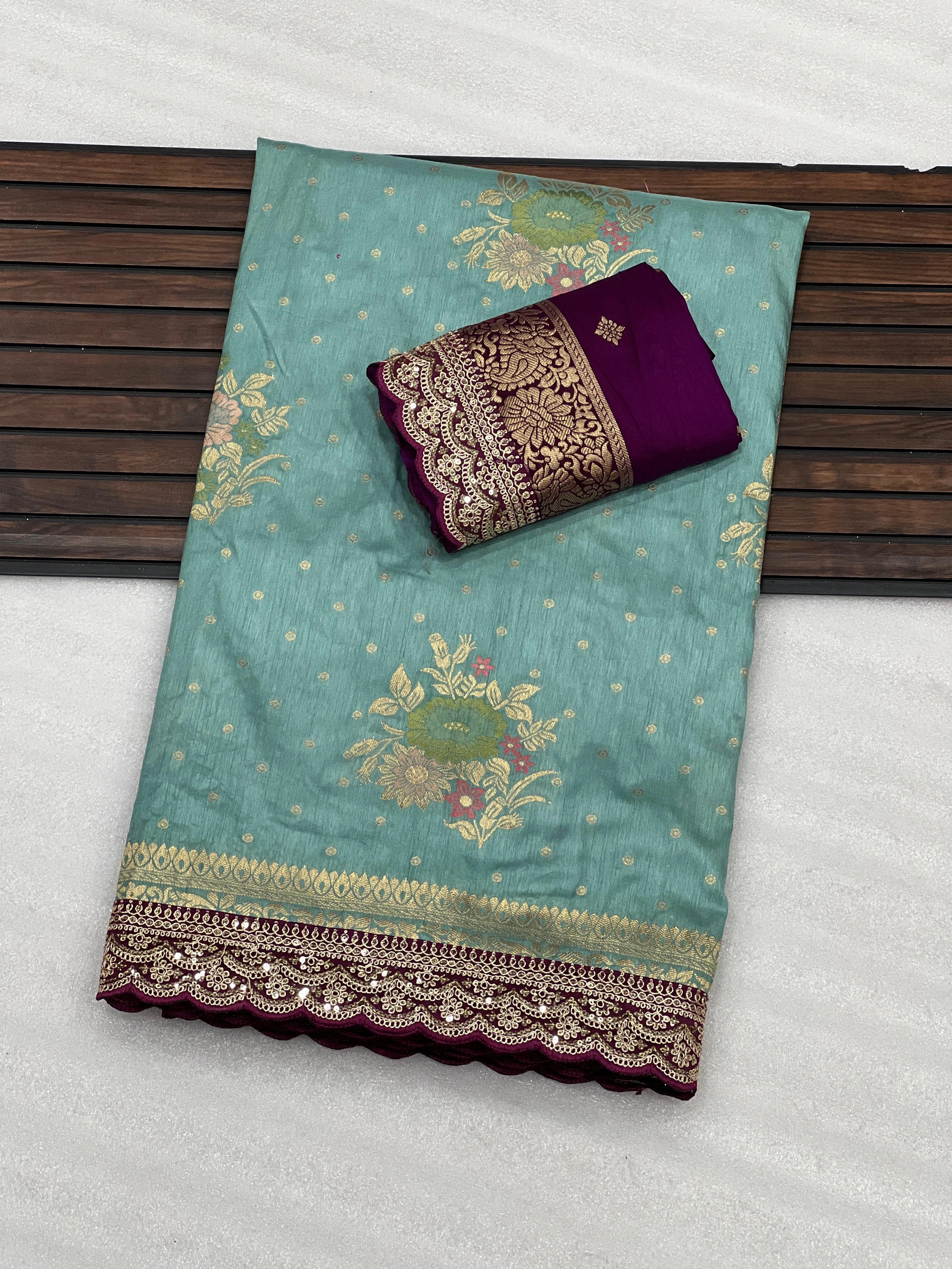 Soft and Flowing Dolla Silk Saree with Embroidered Borders-Sky Blue-1