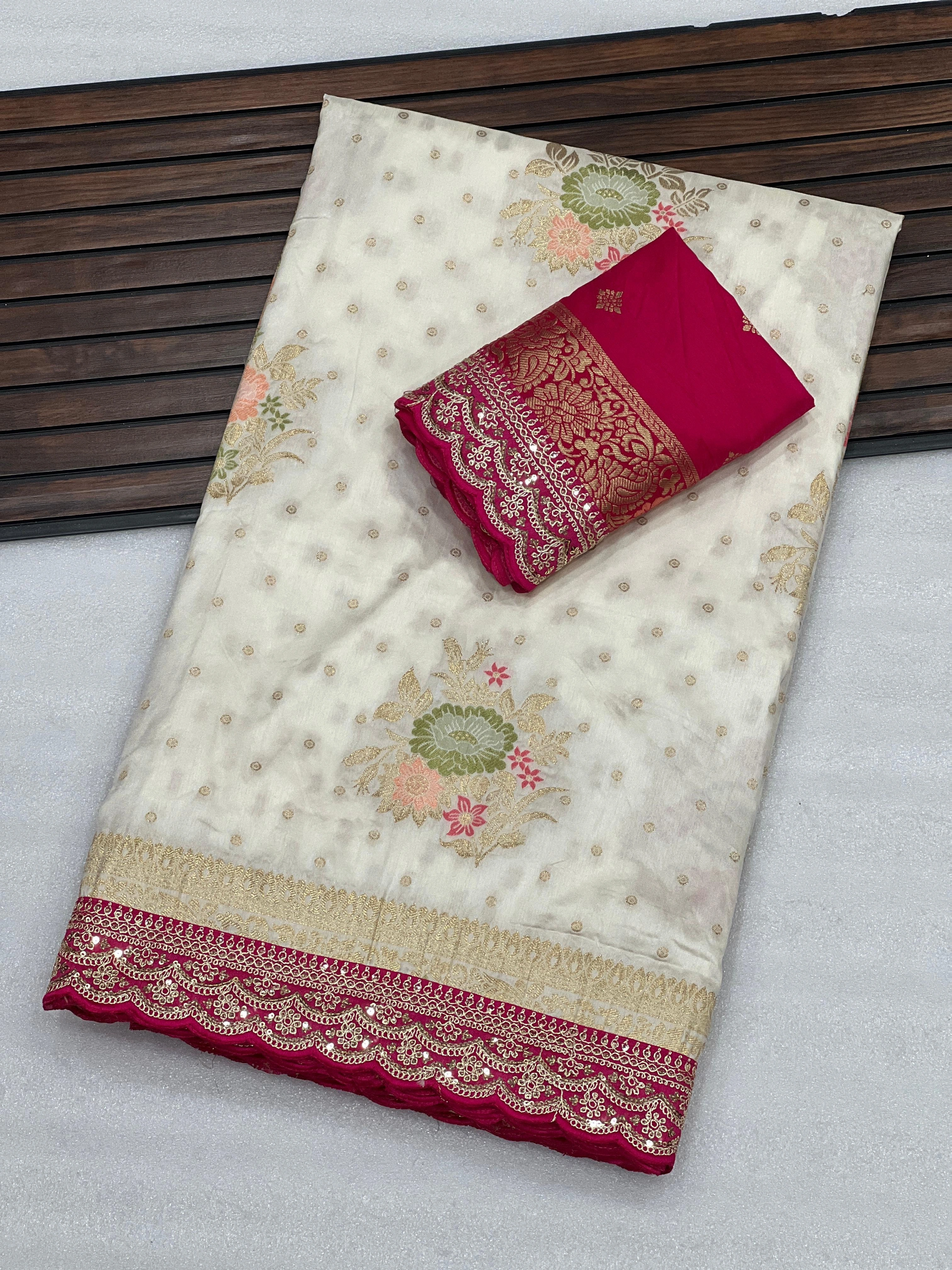 Soft and Flowing Dolla Silk Saree with Embroidered Borders-White-1