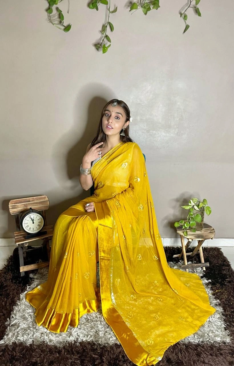 Heart Design Viscose Georgette Saree with Heavy Sequence Blouse-RIE-05-Yellow