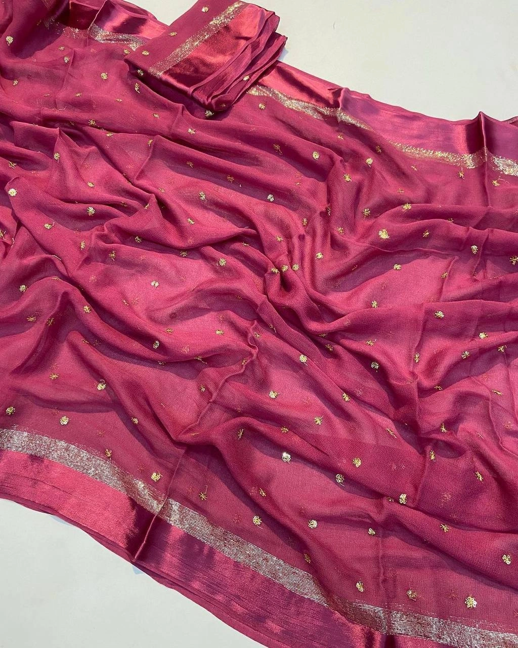 Pure Viscose Georgette Saree: Stunning Sequin Butti Work, Running Blouse-RIE-07-Red