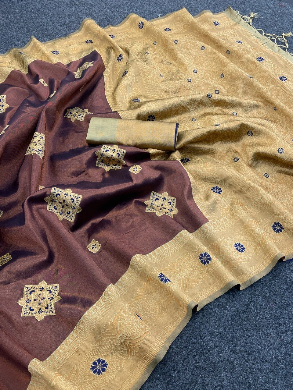 Exquisite Banarasi Silk Saree with Jacquard and Zari Work-Brown-1