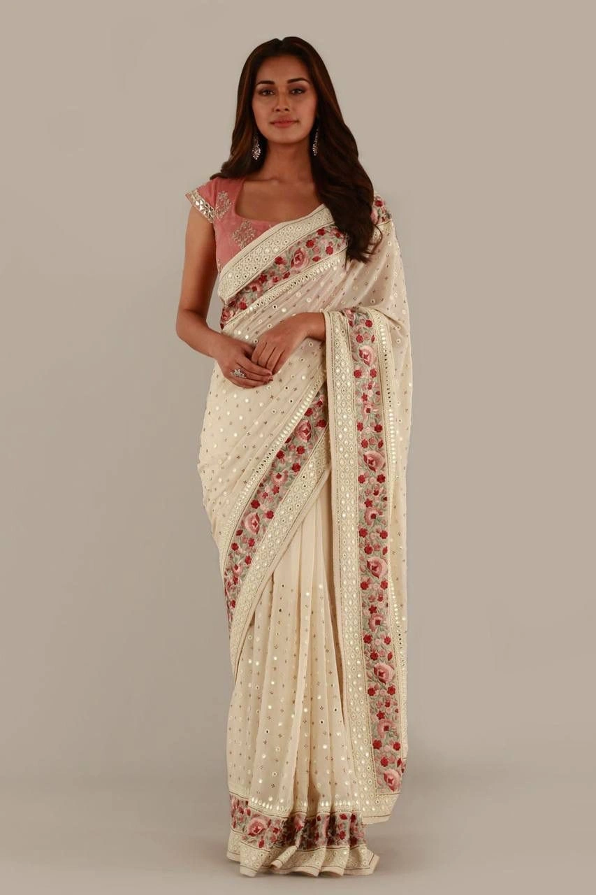 Soft Georget Silk Saree with Colorful Embroidery and Sequencing Work-MPL-17-White