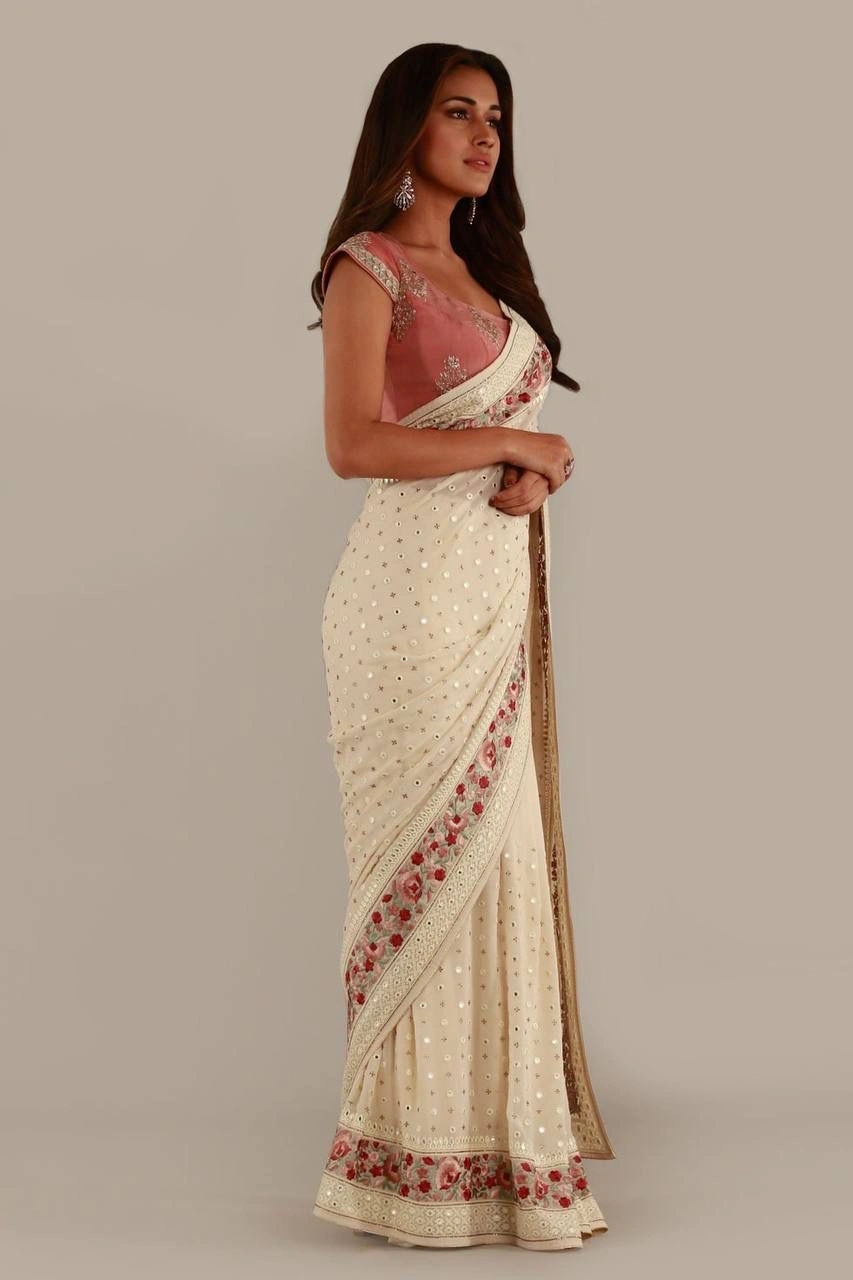 Soft Georget Silk Saree with Colorful Embroidery and Sequencing Work-White-1