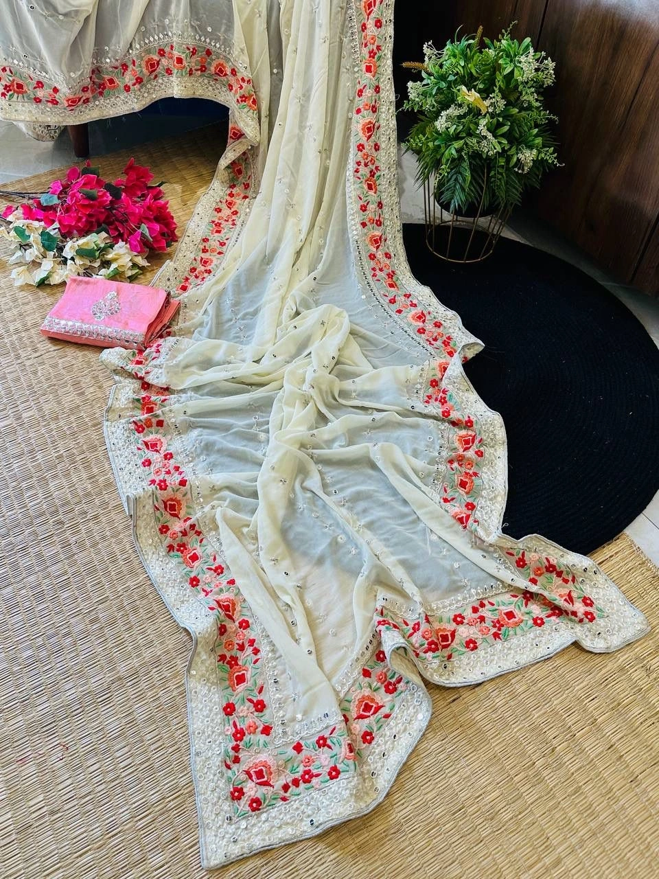 Soft Georget Silk Saree with Colorful Embroidery and Sequencing Work-White-4