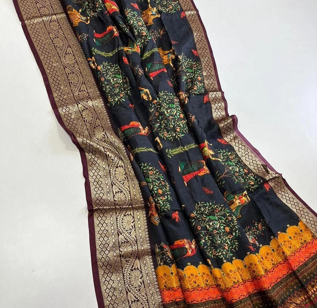 Exquisite Pichwai Kalamkari Silk Saree with Viscose Border-MKD-66-Black