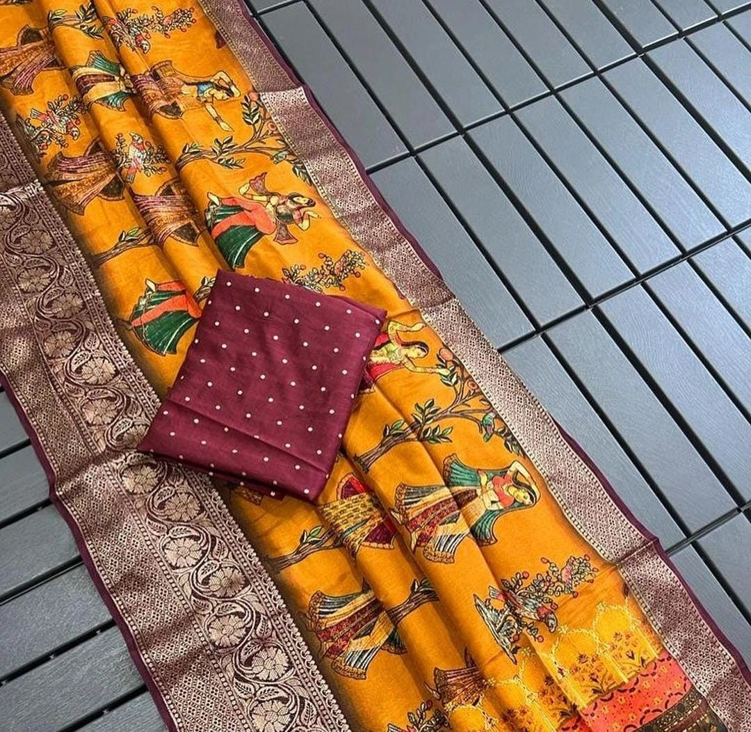 Exquisite Pichwai Kalamkari Silk Saree with Viscose Border-Yellow-1