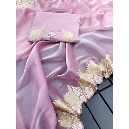 YNF Soft Satin Organza Saree: Golden Zari, Leaf Works, and Silk Embroidery