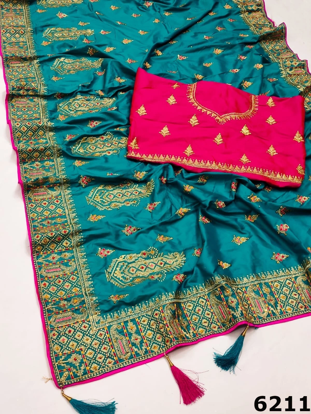 Soft Silk Saree with Contrasting Embroidery and Stones-RSRM-6211-Firozi