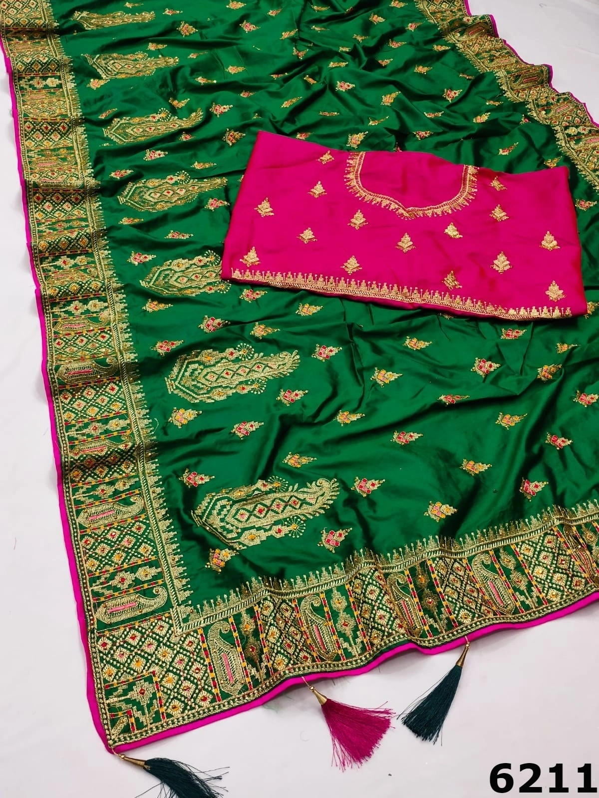 Soft Silk Saree with Contrasting Embroidery and Stones-RSRM-6211-Green