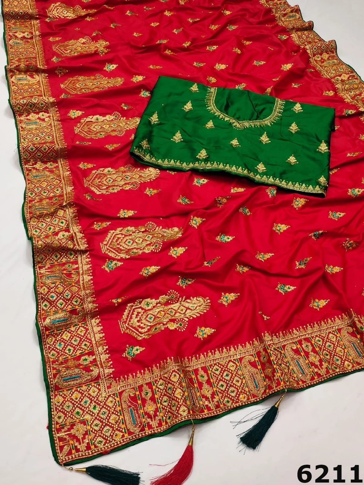 Soft Silk Saree with Contrasting Embroidery and Stones-RSRM-6211-Red