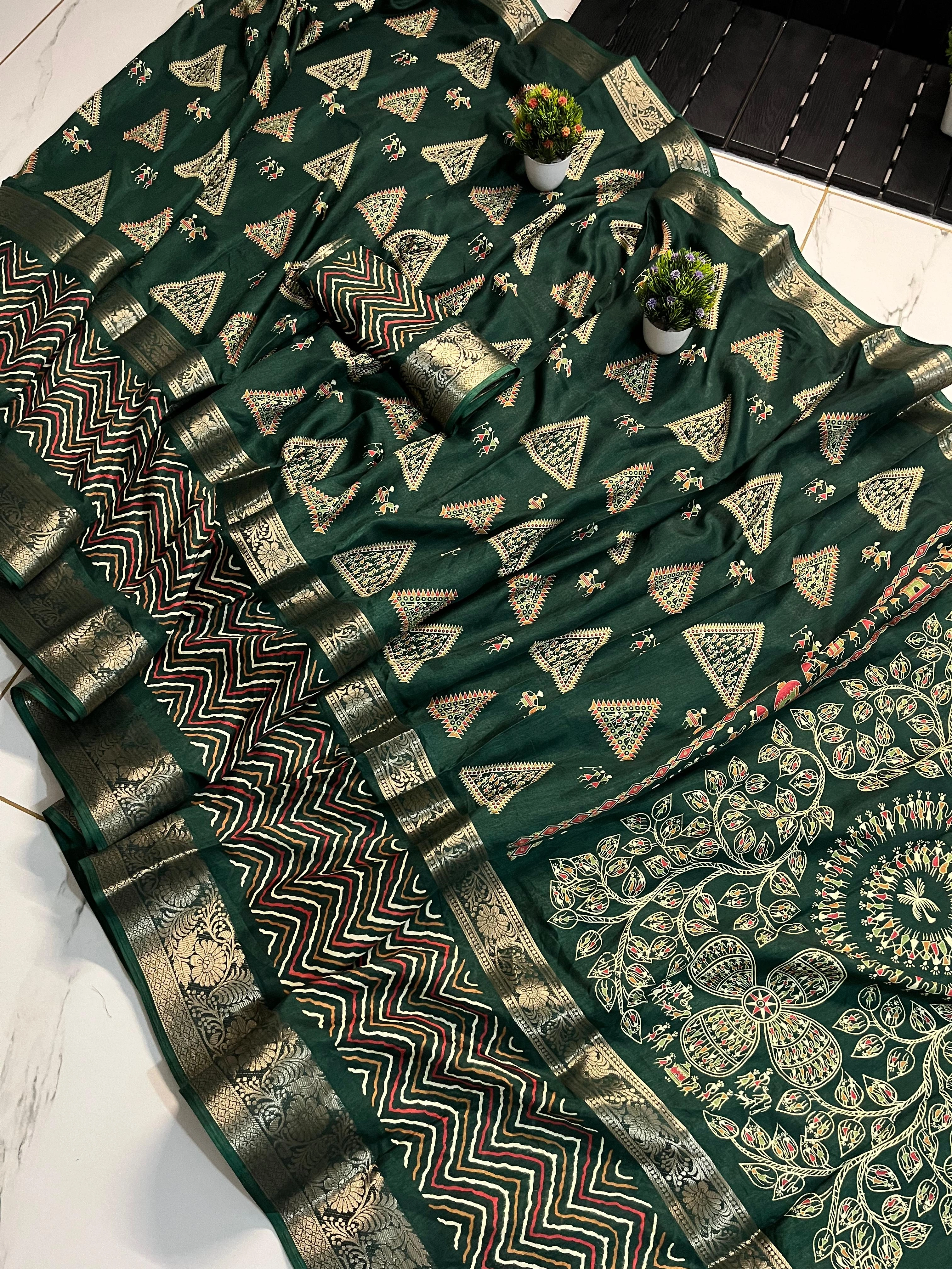 Pure Dola Silk Tri Engal Saree with Matching Blouse-RWC-32-Green