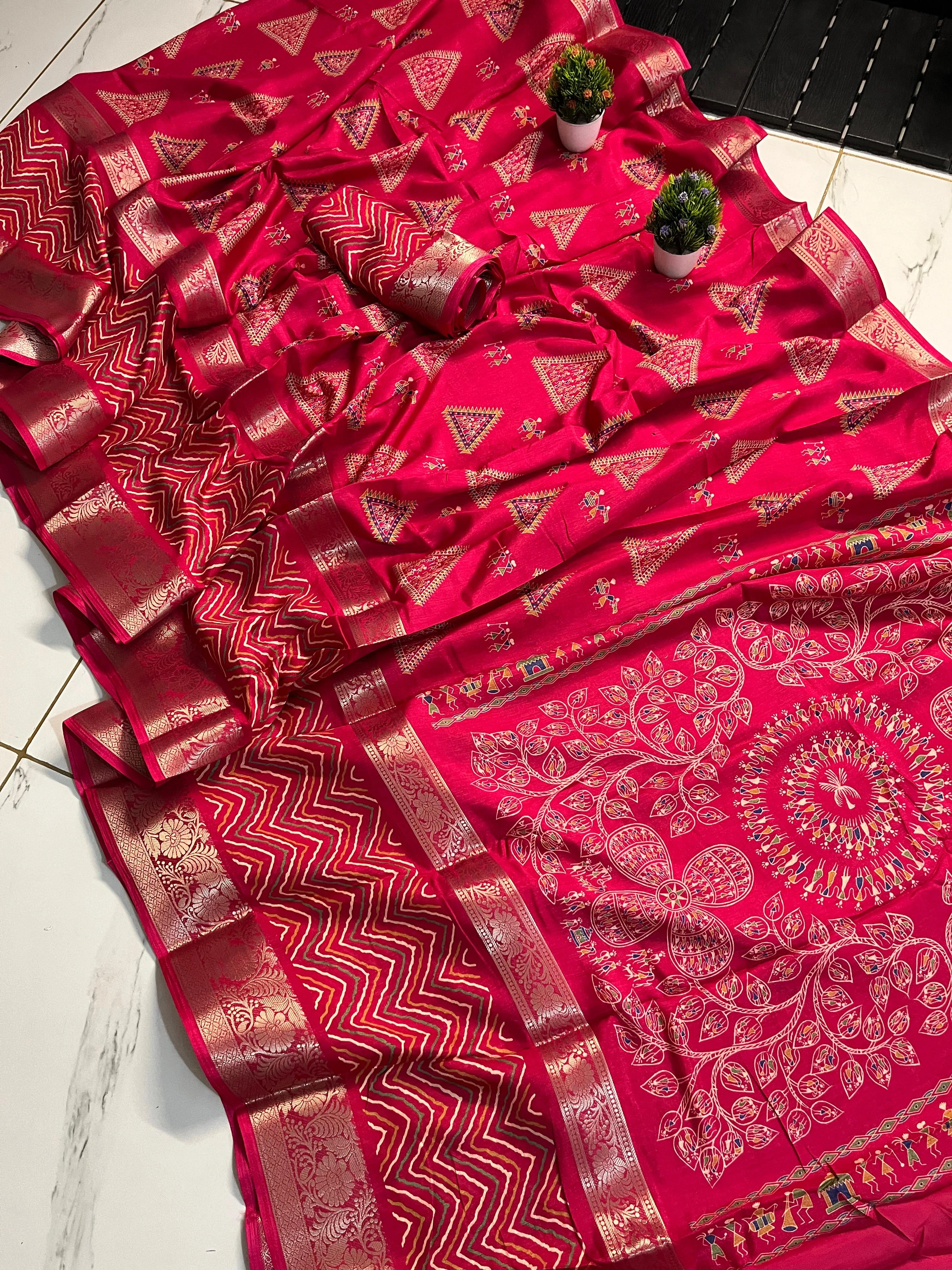 Pure Dola Silk Tri Engal Saree with Matching Blouse-Red-1