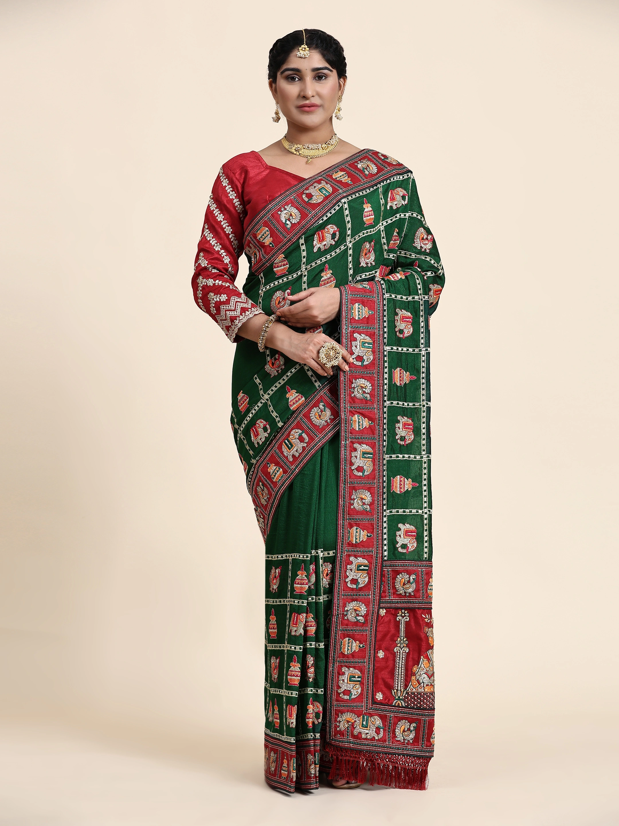 Embroidered Vichitra Silk Saree Set with Diamond Work-RSC-134-Green