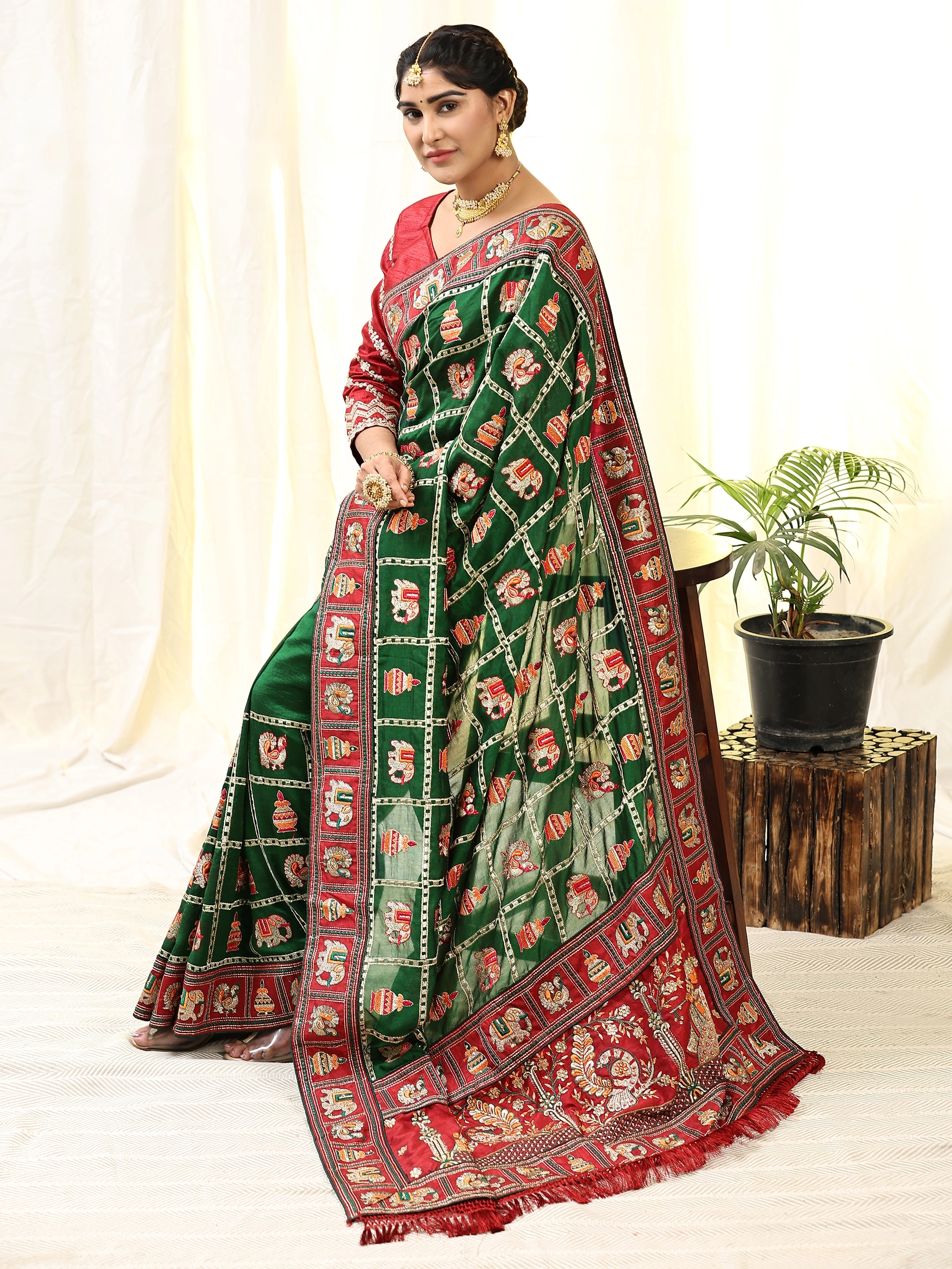 Embroidered Vichitra Silk Saree Set with Diamond Work-Green-1