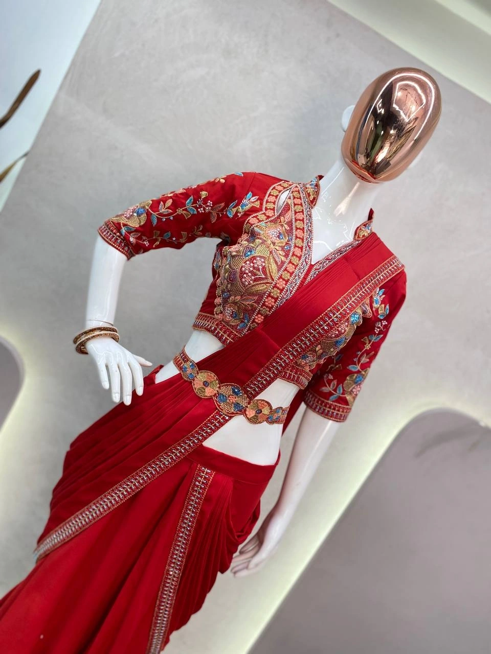 Fiyona Silk Lehenga Saree: Ruffled, Embroidered, Full Stitched, Heavy Work-Red-3