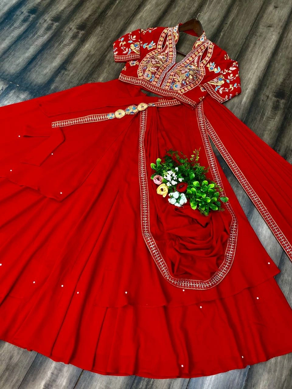 Fiyona Silk Lehenga Saree: Ruffled, Embroidered, Full Stitched, Heavy Work-Red-4