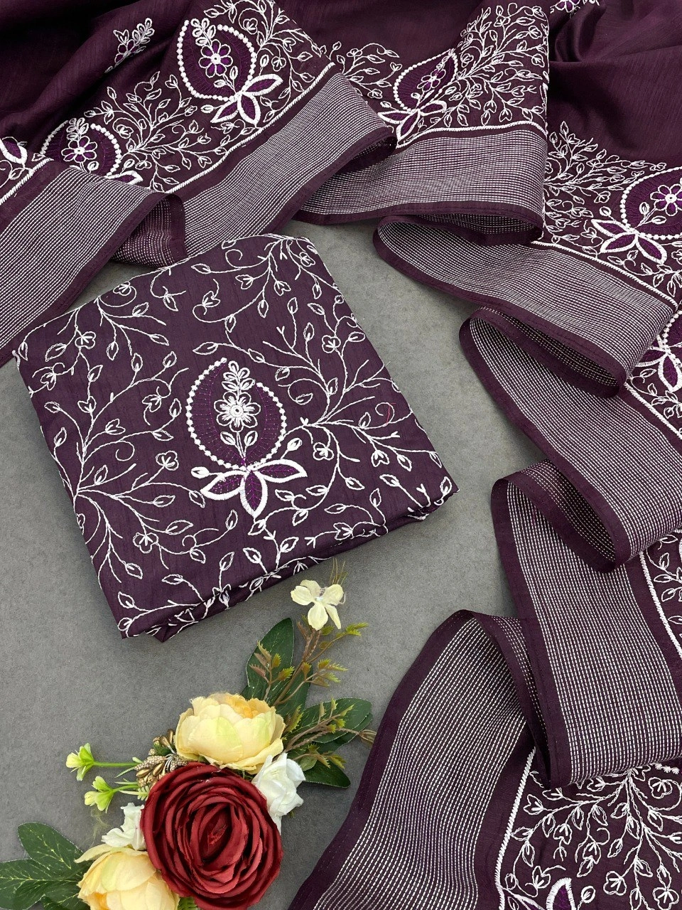 Embroidered Cotton Saree with Stunning Havli Work-Wine-1