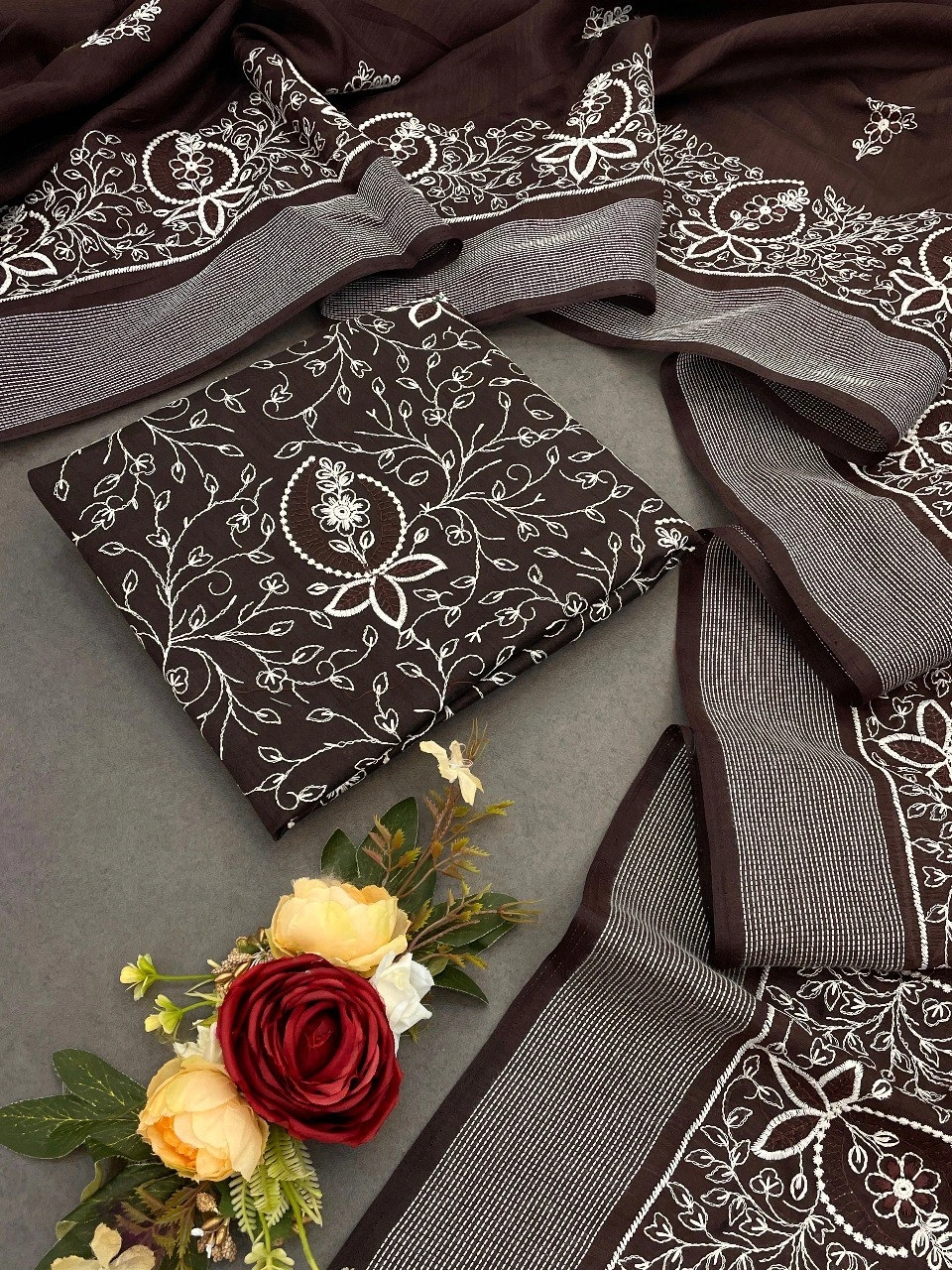 Embroidered Cotton Saree with Stunning Havli Work-Brown-1