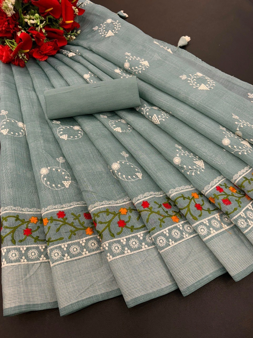 Cotton Embroidered Saree: Trending, Elegant, and Lightweight - 0.500kg-Rama-1