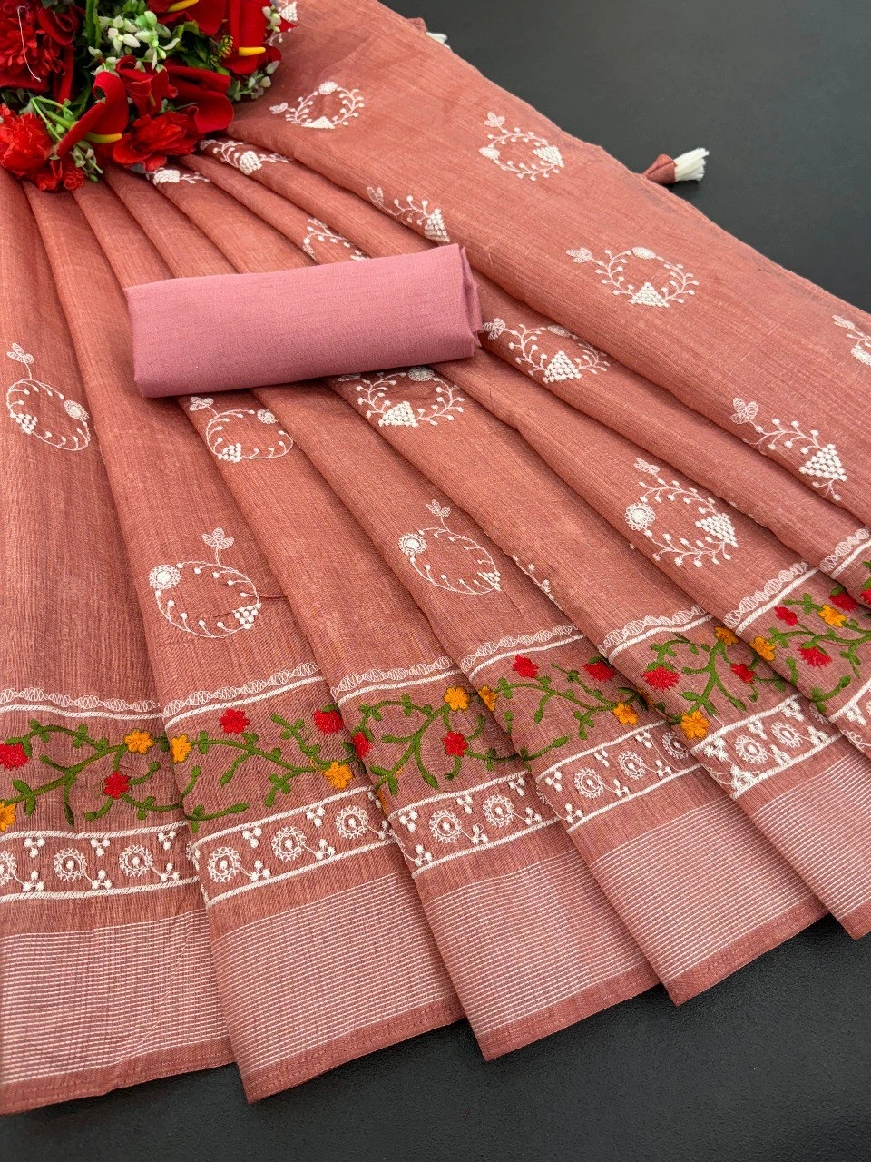 Cotton Embroidered Saree: Trending, Elegant, and Lightweight - 0.500kg-Peach-1