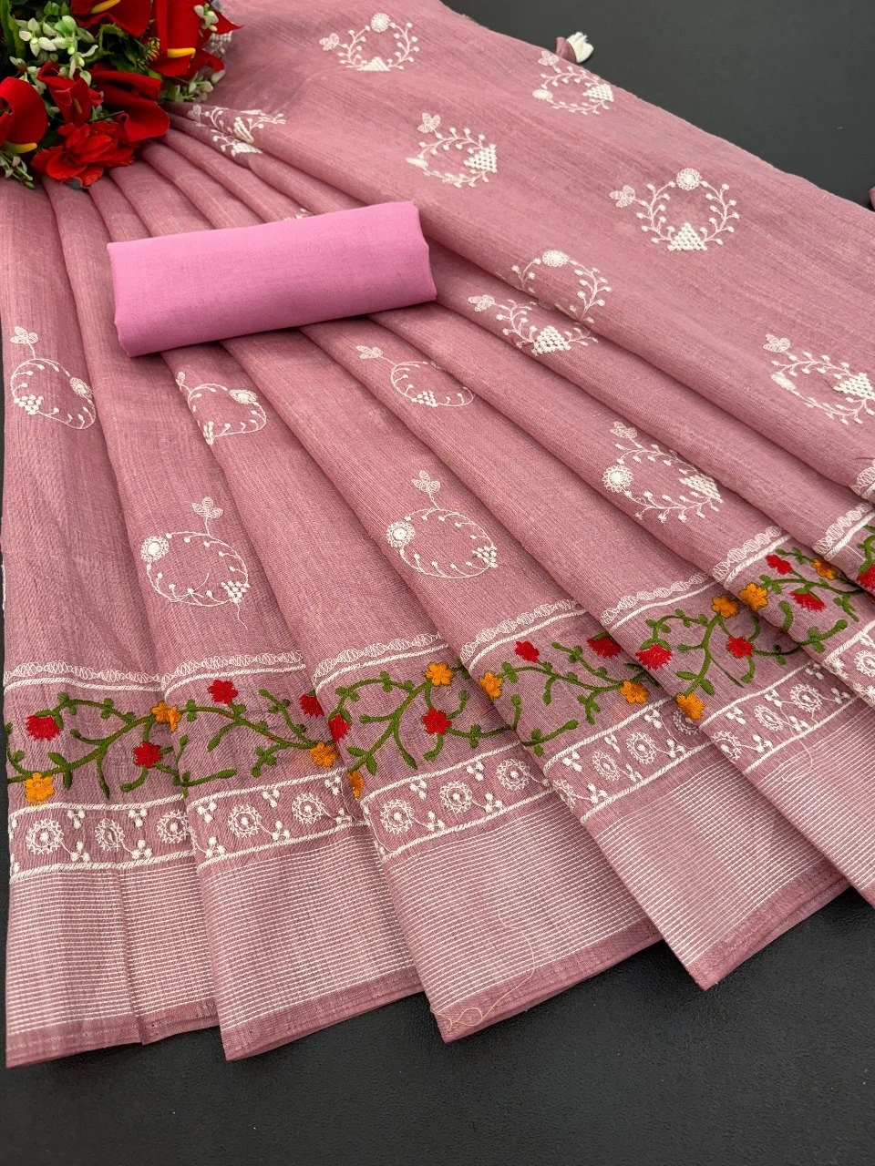 Cotton Embroidered Saree: Trending, Elegant, and Lightweight - 0.500kg-RDD-07-Pink