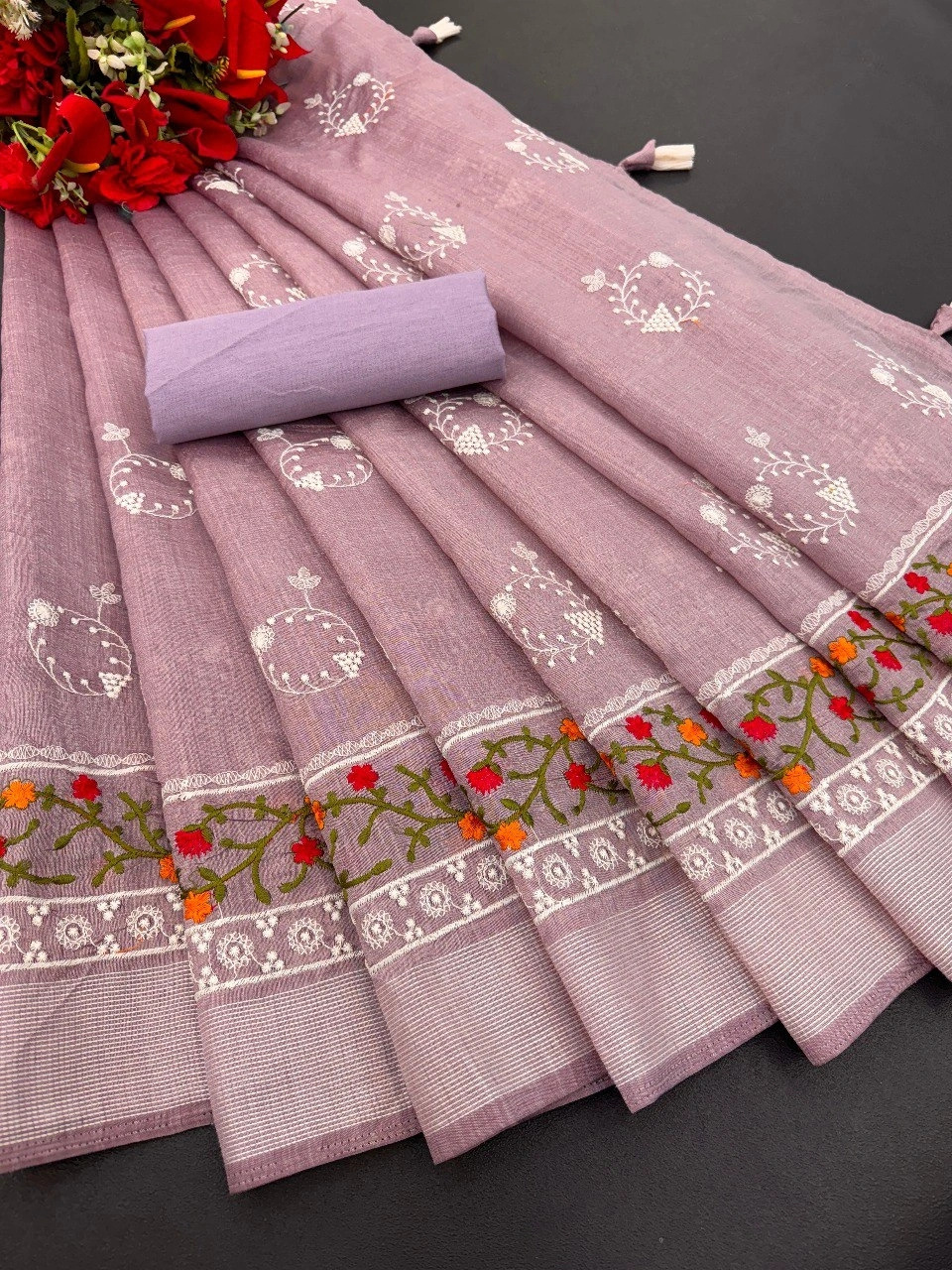 Cotton Embroidered Saree: Trending, Elegant, and Lightweight - 0.500kg-RDD-07-HotPink