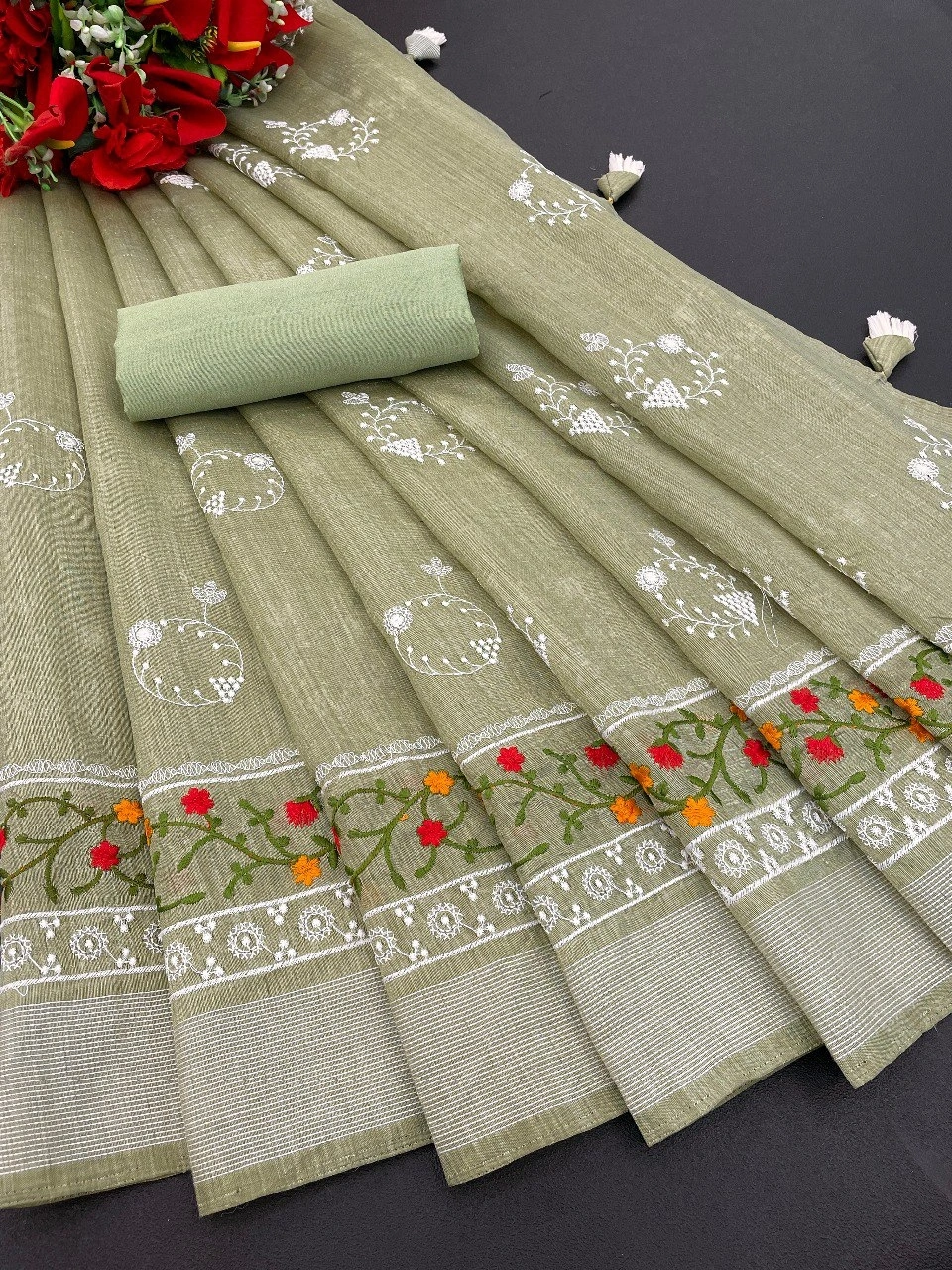 Cotton Embroidered Saree: Trending, Elegant, and Lightweight - 0.500kg-Green-1