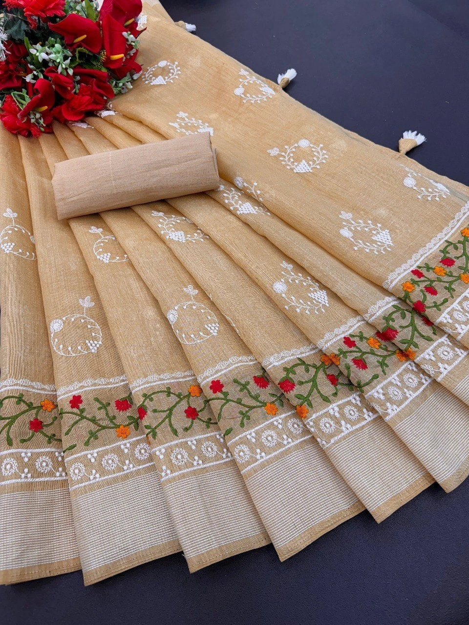 Cotton Embroidered Saree: Trending, Elegant, and Lightweight - 0.500kg-Beige-1