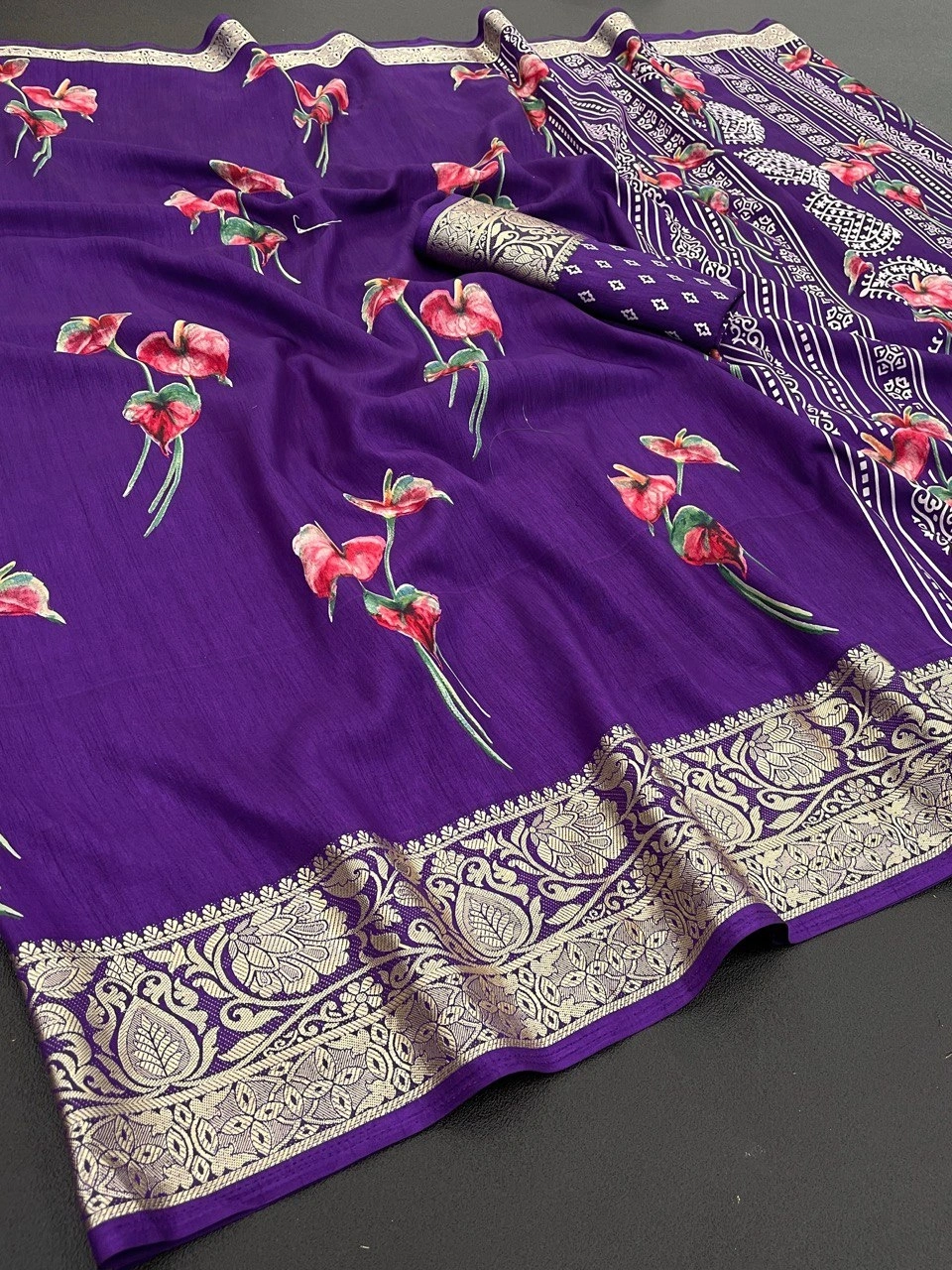 Floral Soft Silk Saree with Viscose Border and Blouse-GRO-1958-B-Purple