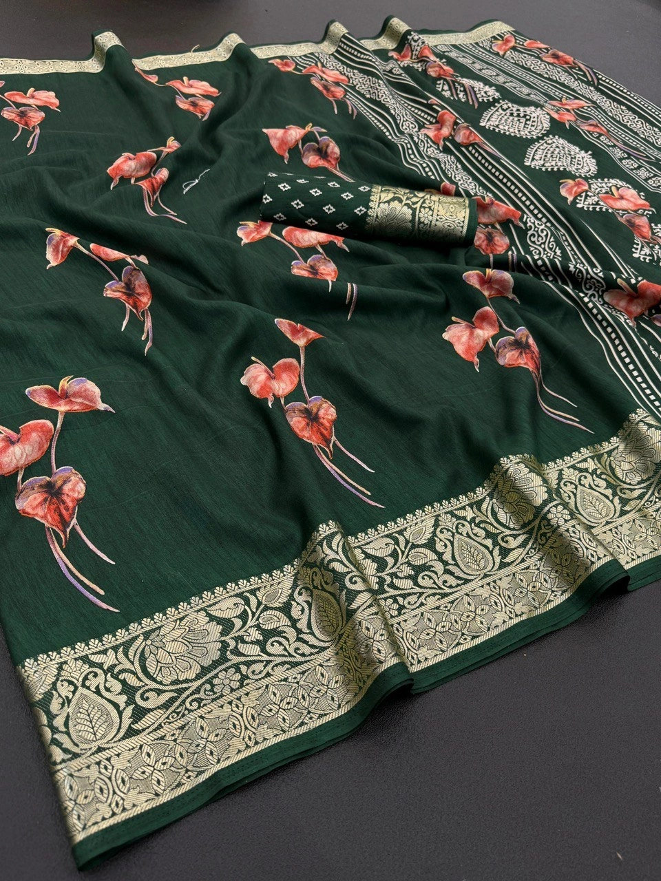 Floral Soft Silk Saree with Viscose Border and Blouse-GRO-1958-B-Green