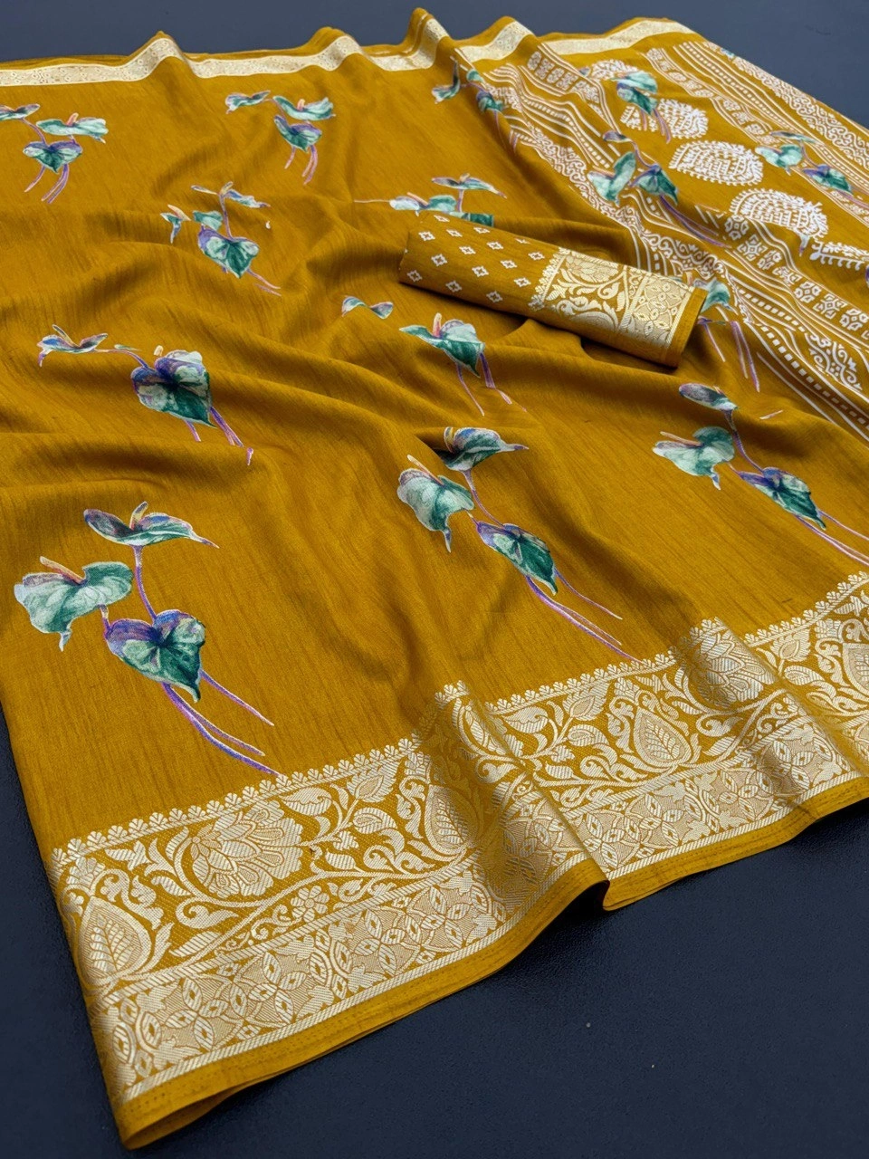 Floral Soft Silk Saree with Viscose Border and Blouse-GRO-1958-B-Yellow