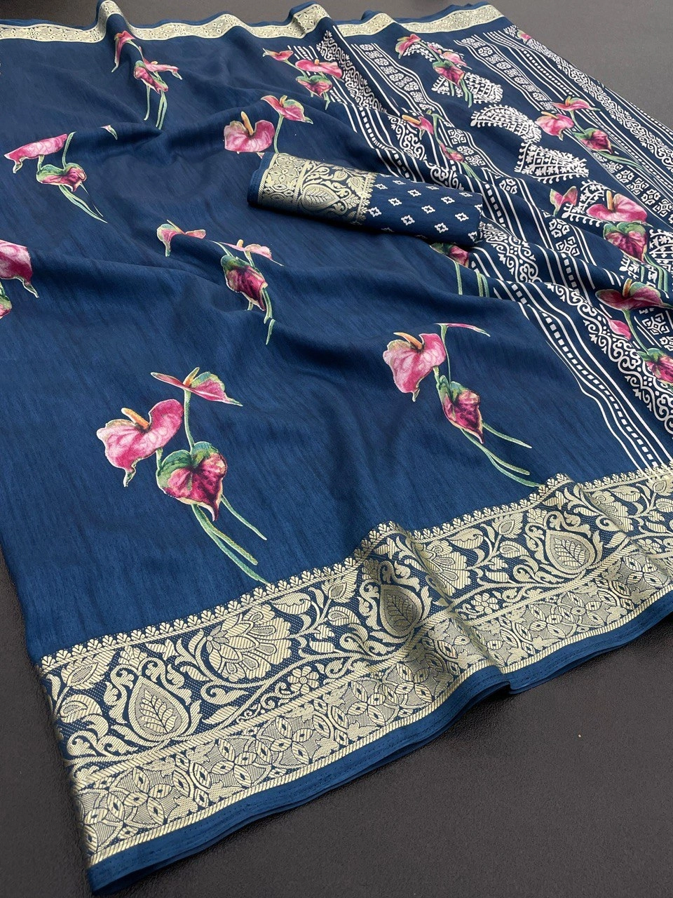 Floral Soft Silk Saree with Viscose Border and Blouse-GRO-1958-B-Rama